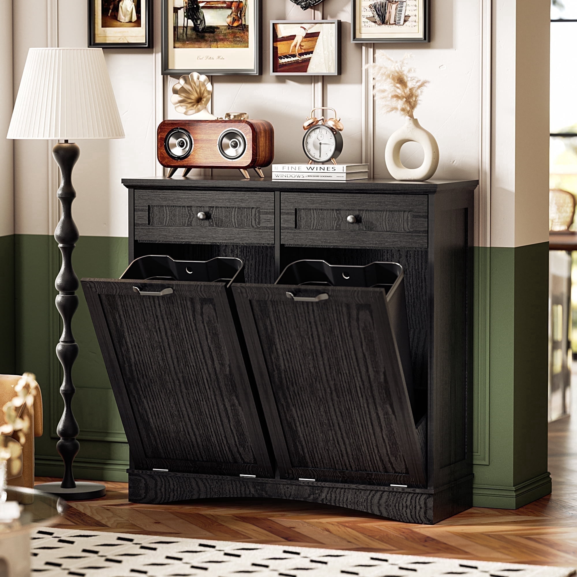 HARIPUL Double Tilt Out Trash Cabinet, 26 Gallon Trash Can Cabinet with Drawers & Handles for Kitchen, Black