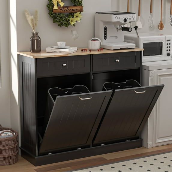 HARIPUL Double Tilt Out Trash Cabinet, 26 Gallon Trash Can Cabinet with Drawers & Handles for Kitchen, Black/Light Brown Top