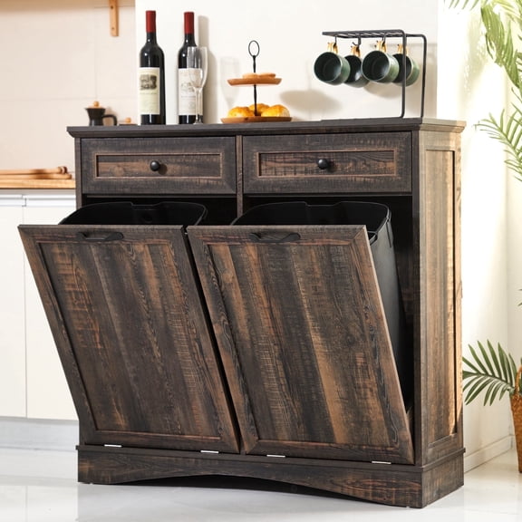 HARIPUL Double Tilt Out Trash Cabinet, 26 Gallon Trash Can Cabinet with Drawers & Handles for Kitchen, Dark Brown