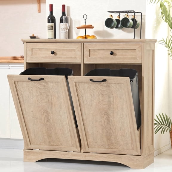 AHB Double Tilt Out Trash Cabinet with Drawers & Handles, Fits Two 13 Gallon Trash Bins for Kitchen, 39.76"L x 13.58"W x 38.58"H, Light Wood