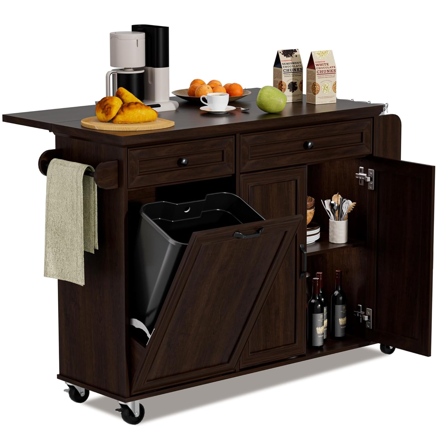 AHB Kitchen Island with Trash Can Storage & Drop Leaf, Rolling Kitchen ...