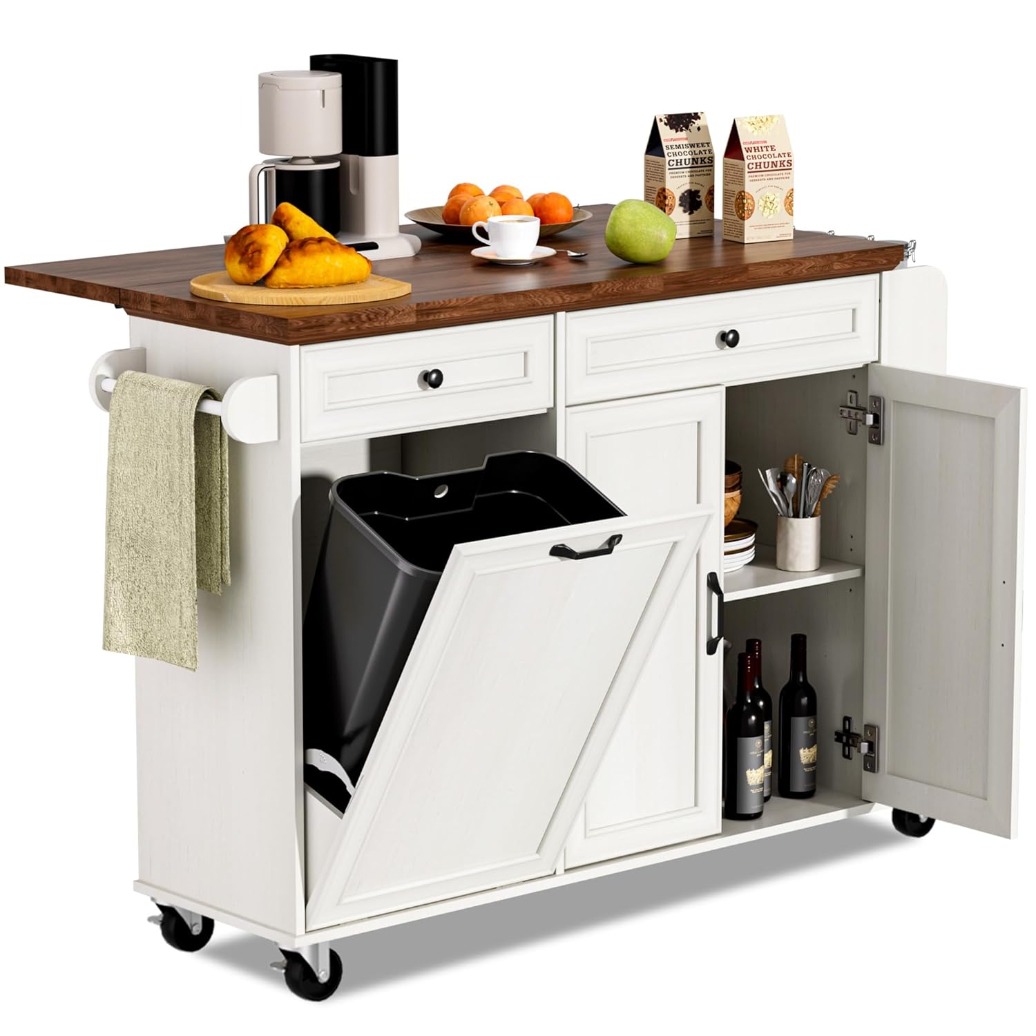 AHB Kitchen Island with Trash Can Storage & Drop Leaf, Rolling Kitchen ...