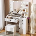 thumbnail image 1 of HARIPUL Makeup Vanity Desk w/ Mirror and Adjustable Lights, White Vanity Set with Drawers and Stool, 37" Glass Top Dressing Table w/ Shelves & Storage Cabinet for Bedroom, 1 of 7