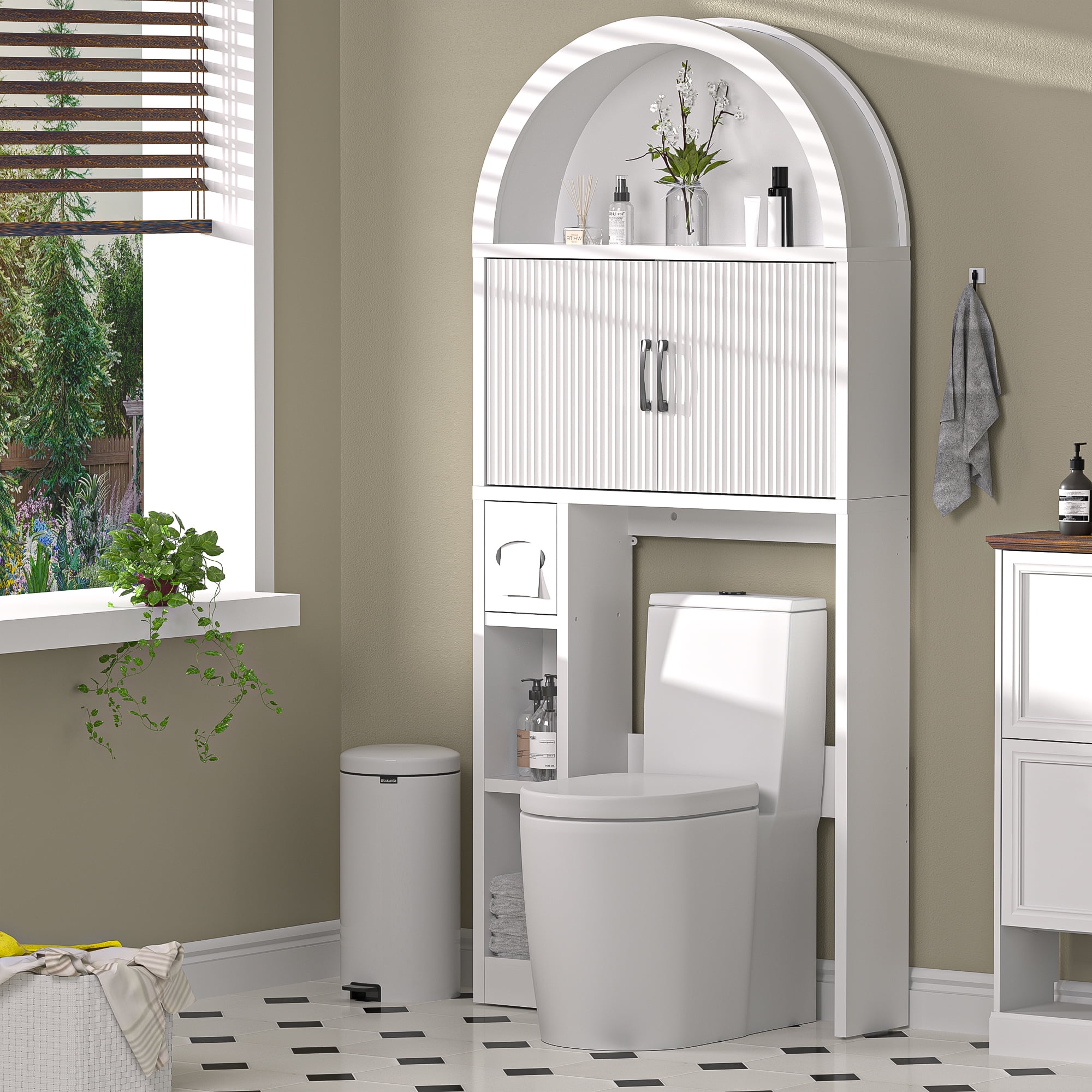 HARIPUL Over The Toilet Storage Cabinet w/ Unique Wood Grain & Arc Design, Freestanding Bathroom Shelf Organizer Space Saver w/ Doors & Anti-Tip Device, White