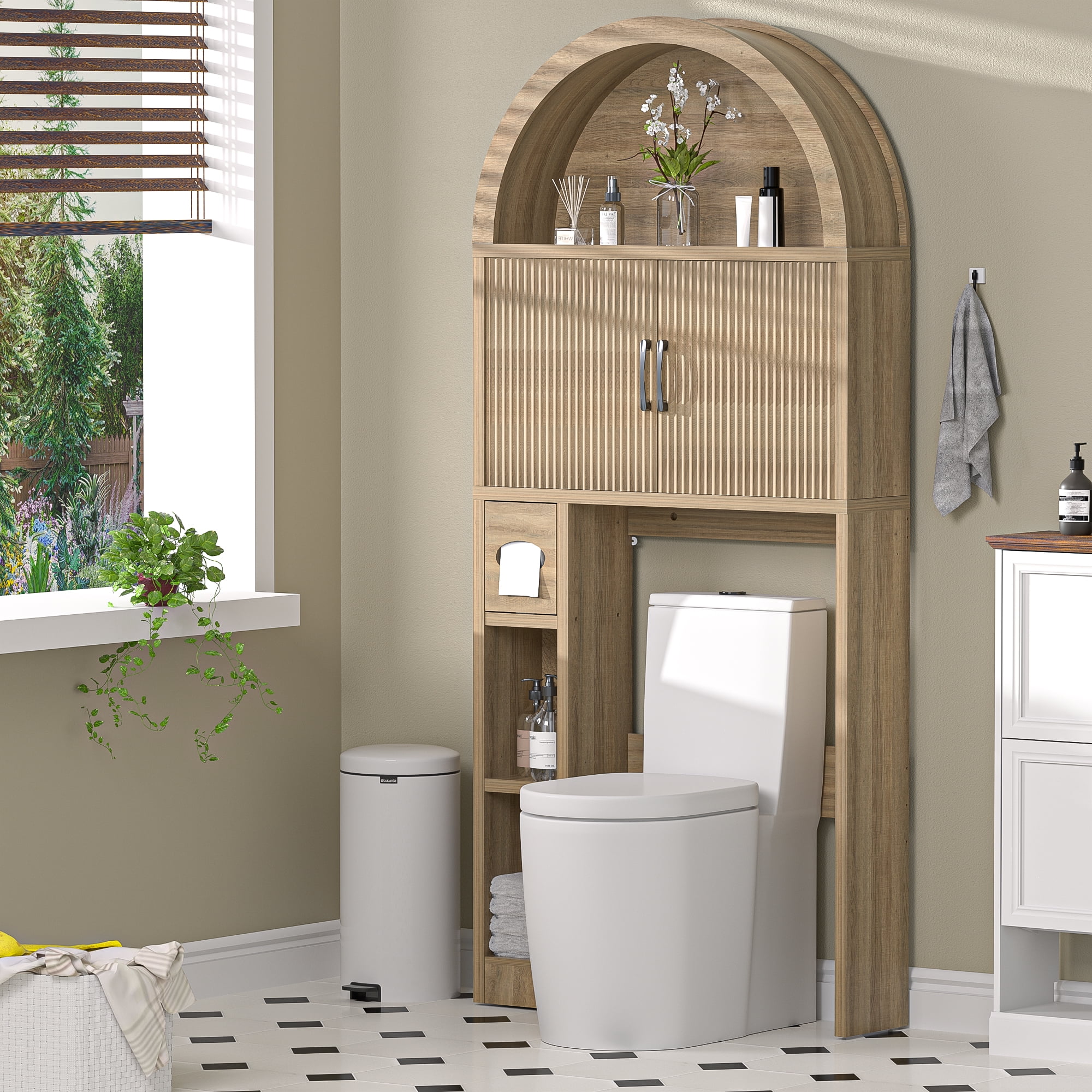 HARIPUL Over The Toilet Storage Cabinet w/ Unique Wood Grain & Arc Design, Freestanding Bathroom Shelf Organizer Space Saver w/ Doors & Anti-Tip Device, Wood Color