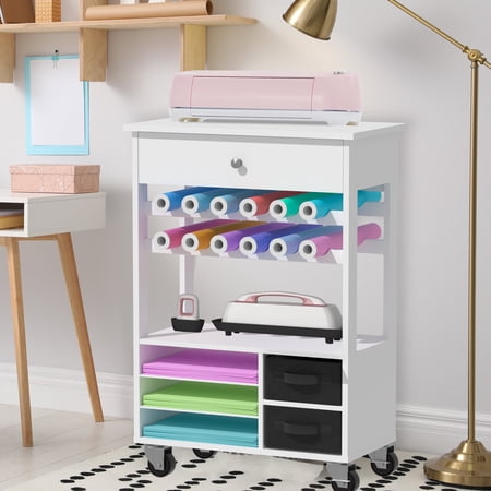 Organization and Storage Cart w/ Cricut Machine, Rolling Craft Storage Organizer, Crafting Cabinet, White