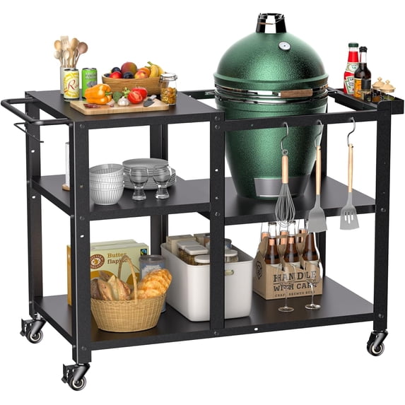 HARIPUL Outdoor Grill Cart, Patio Cooking Table Stand w/ Wheels & Hook, Outdoor Dining Rack for Camping & Party, Black
