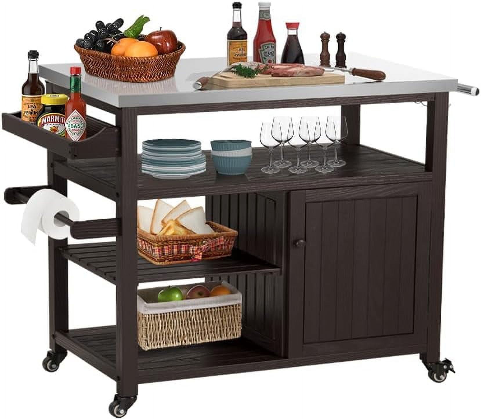 AHB Outdoor Grill Table Solid Wood Storage Rolling Kitchen
