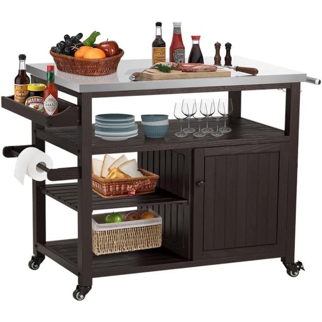 AHB Outdoor Grill Table Solid Wood Storage Rolling Kitchen