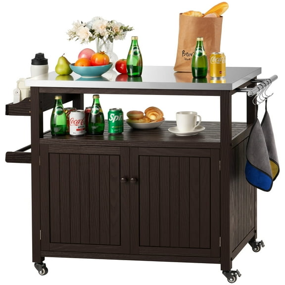 AHB Outdoor Grill Table Solid Wood Storage Cabinet, Rolling Kitchen Island, Movable Bar Cart with Stainless Steel Top for Outside Patio, Backyard, Garden (Two doors)