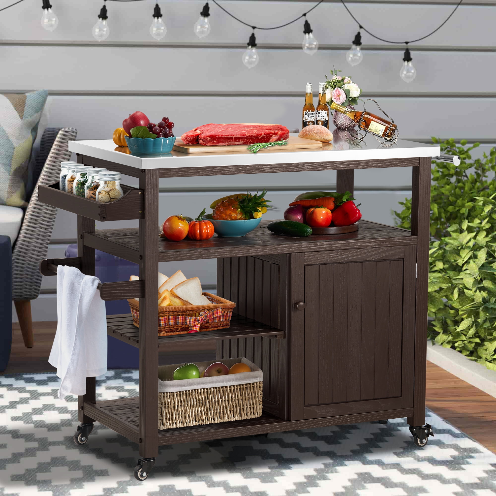 AHB Outdoor Grill Table Solid Wood Storage Rolling Kitchen
