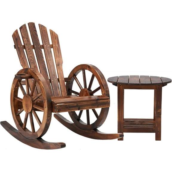 AHB Outdoor Wooden Rocking Chairs Set, Wagon Wheel Armrest Yard Glider Patio Chair with Small Table for Coffee Break, Adirondack Rocking Chair for Summer Lawn Garden Balcony, Brown (2 PCS)