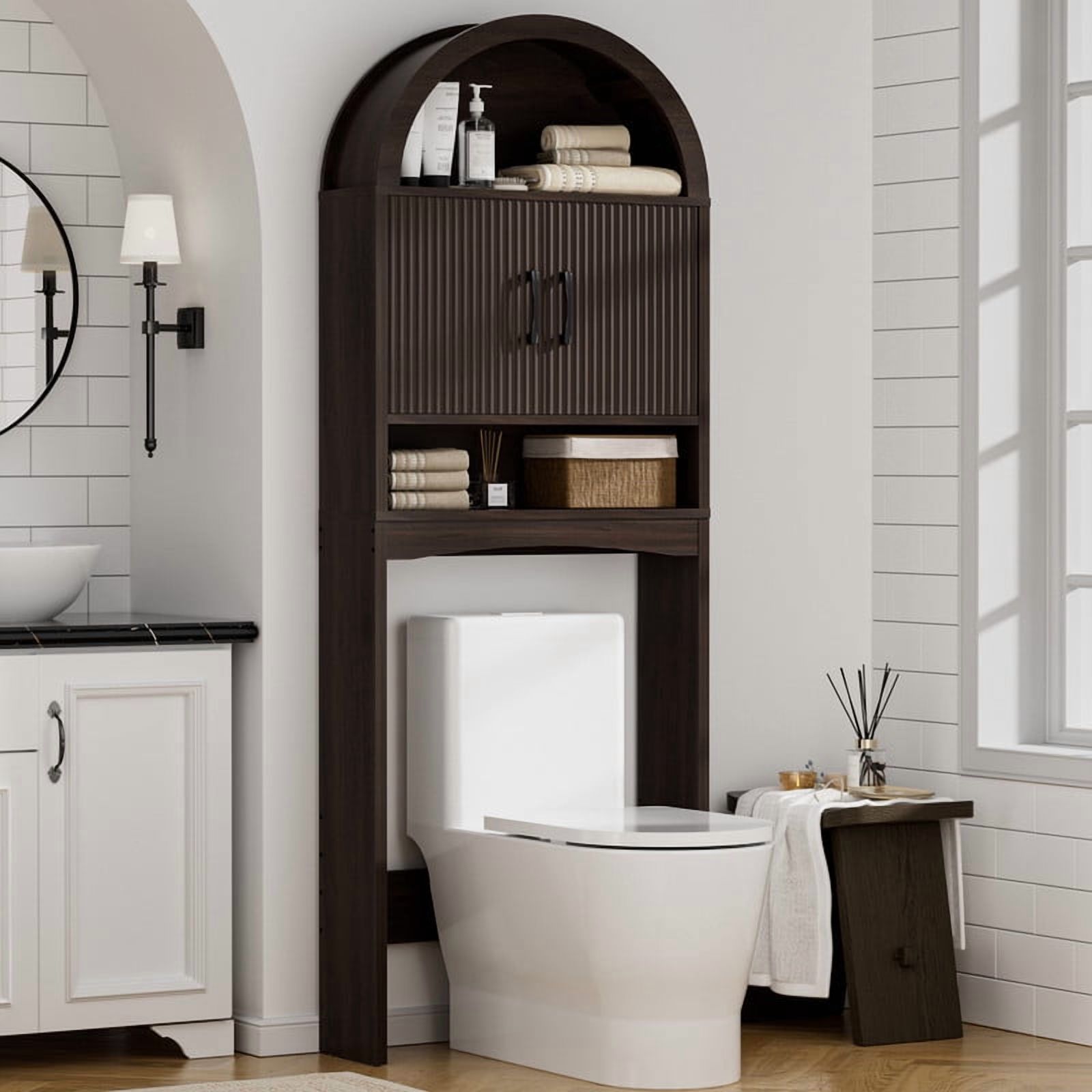AHB Over Toilet Storage Cabinet with Doors and Shelves, Freestanding Bathroom Space Saver Organizer, 7.72"L x 23.7"W x 69.06"H, Coffee Color