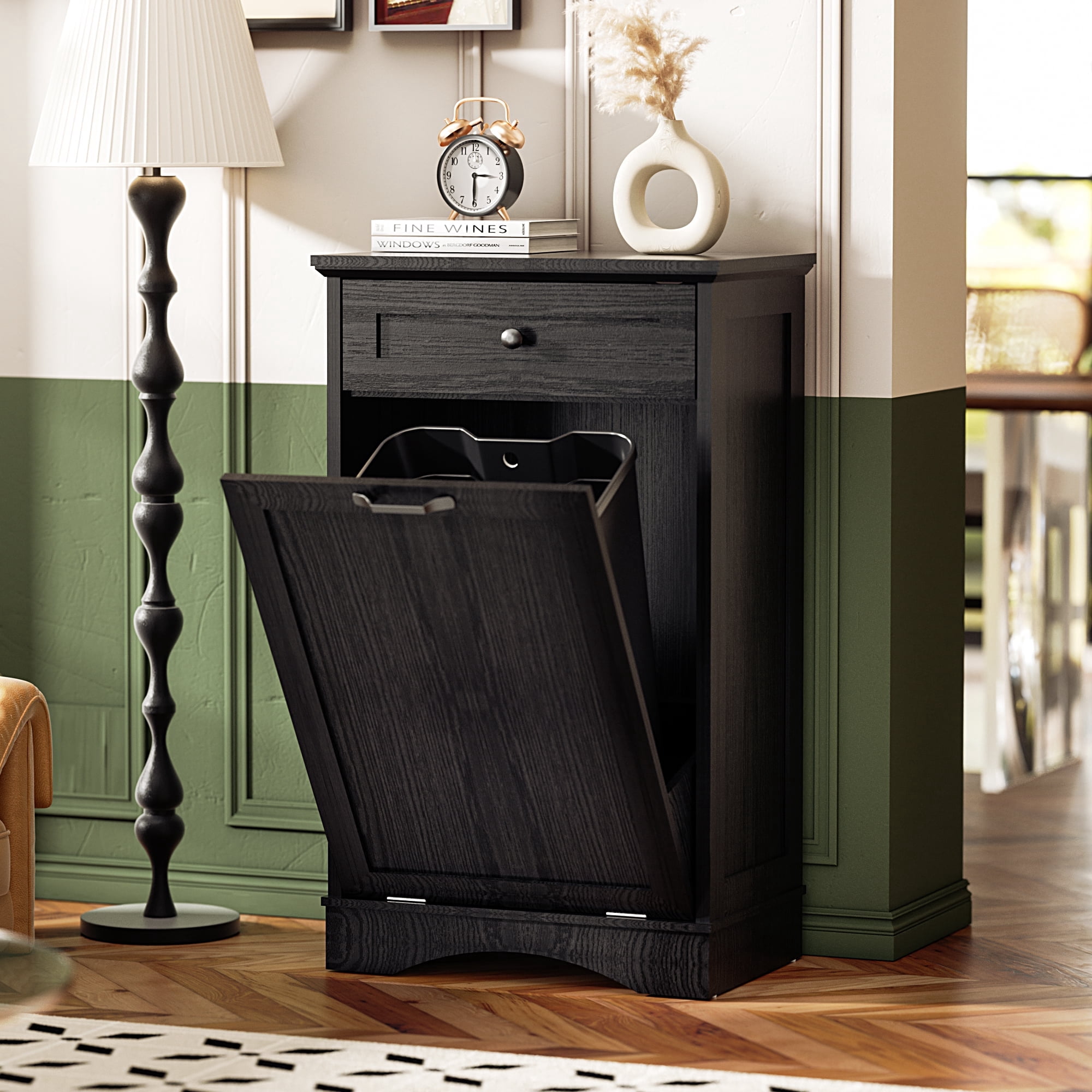 HARIPUL 13 Gallon Tilt Out Trash Cabinet for Kitchen, Single Kitchen Trash Can Cabinet with Drawers, Black