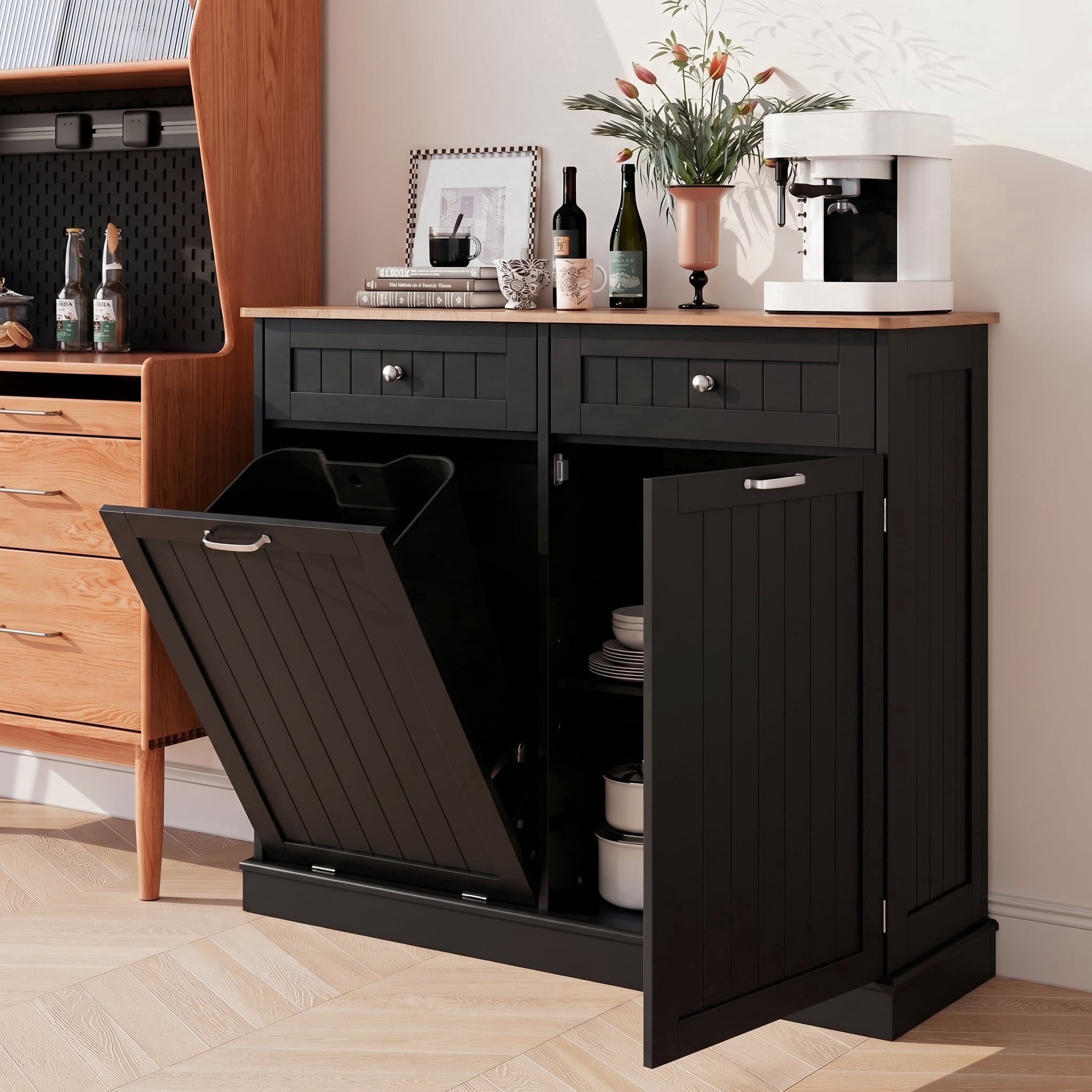 AHB 13 Gallon Single Tilt Out Trash Cabinet with Drawer and Handle, Kitchen Trash Can Storage Organizer, 39.4"L x 14"W x 38.3"H, Black