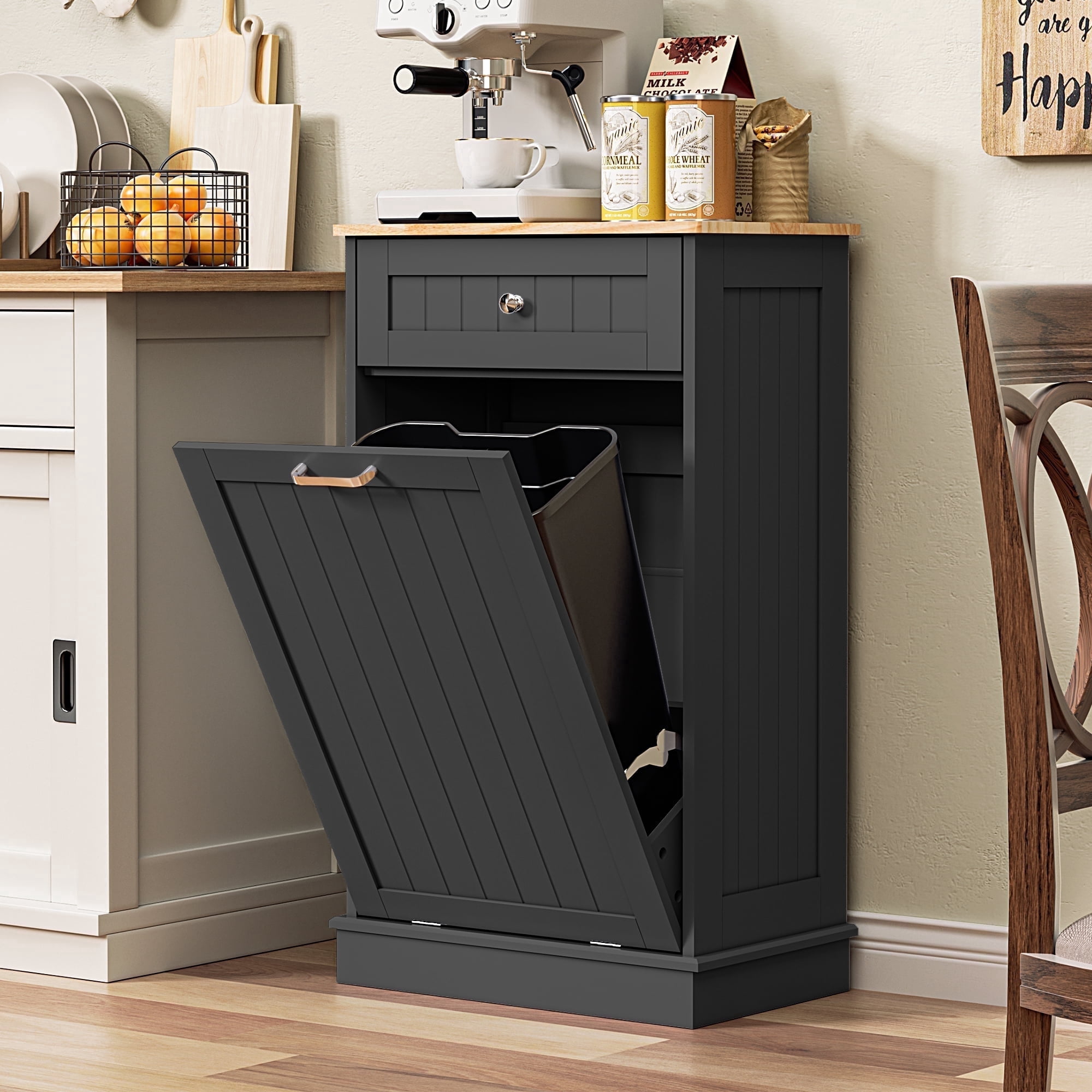 HARIPUL Single Tilt Out Trash Cabinet for 13 Gallon Waste Bin, Free Standing Kitchen Trash Can Cabinet with Drawers, Black
