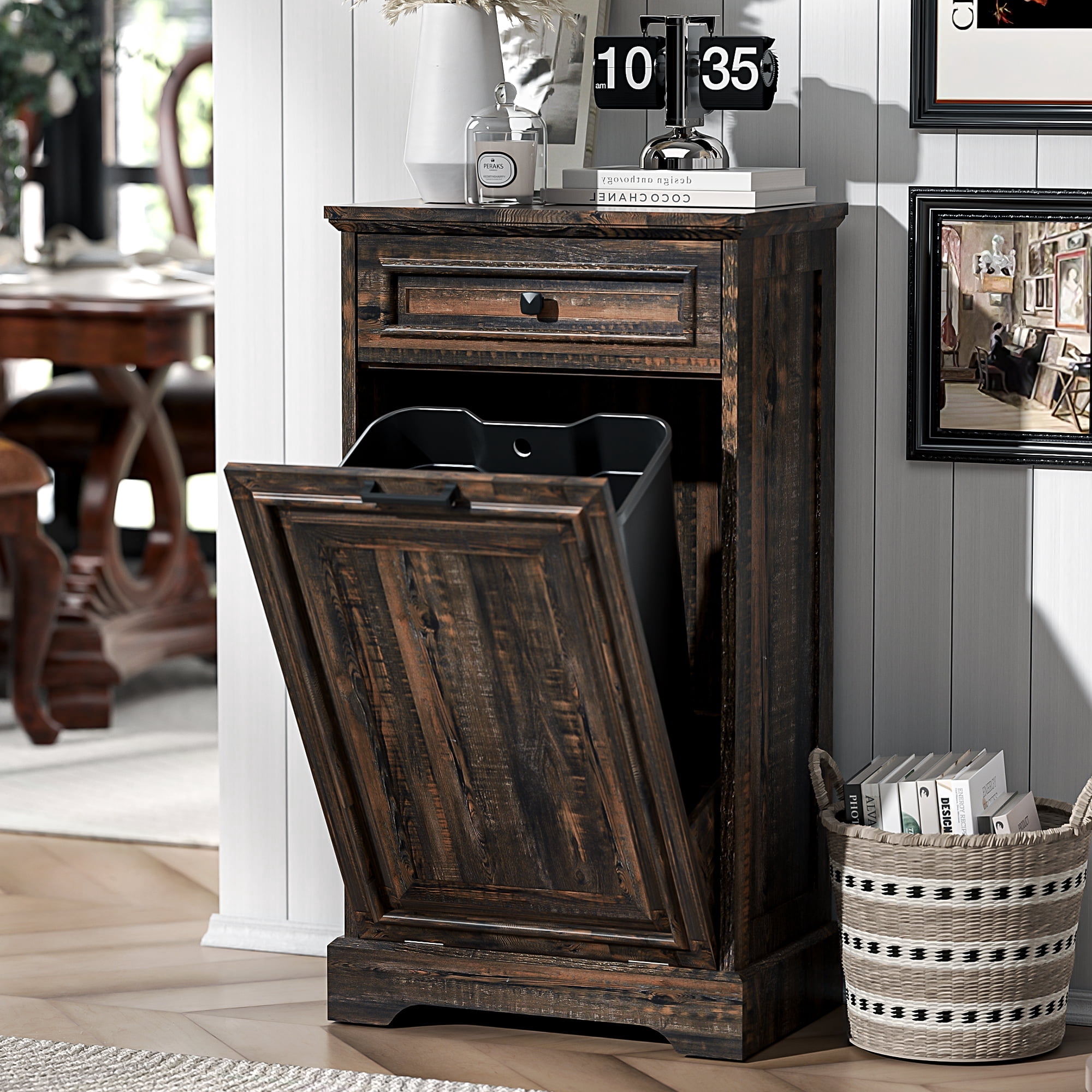 HARIPUL 13 Gallon Tilt Out Trash Cabinet for Kitchen, Single Kitchen Trash Can Cabinet with Drawers, Dark Brown