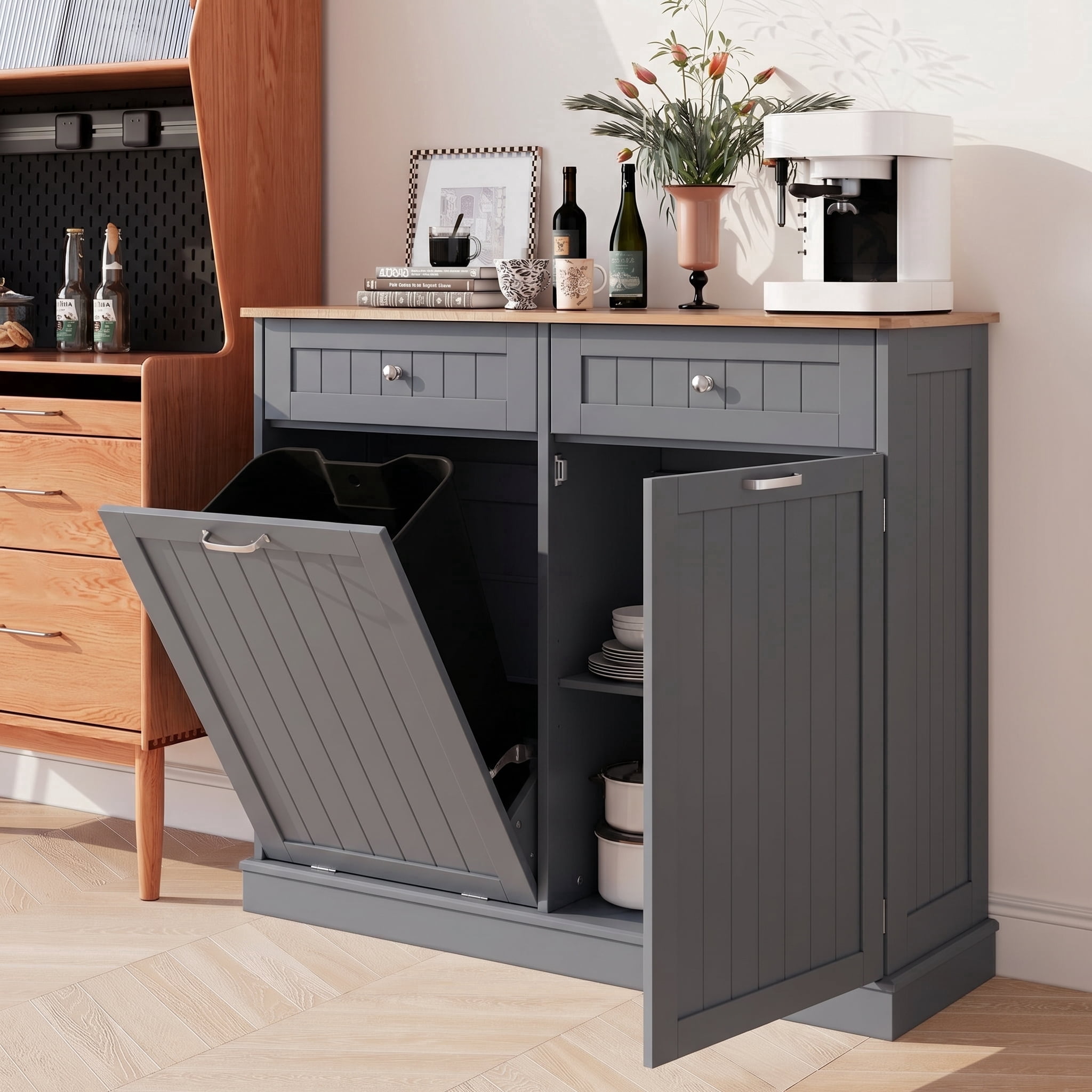 AHB 13 Gallon Single Tilt Out Trash Cabinet with Drawer and Handle, Kitchen Trash Can Storage Organizer, 39.4"L x 14"W x 38.3"H, Gray