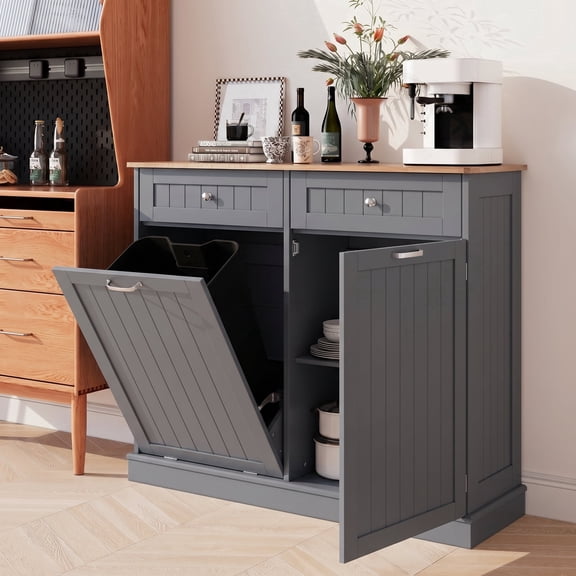 AHB 13 Gallon Single Tilt Out Trash Cabinet with Drawer and Handle, Kitchen Trash Can Storage Organizer, 39.4"L x 14"W x 38.3"H, Gray