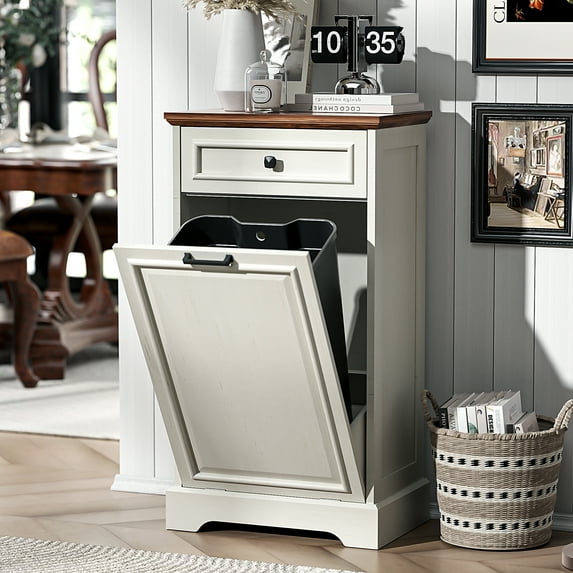 HARIPUL 13 Gallon Tilt Out Trash Cabinet for Kitchen, Single Kitchen Trash Can Cabinet with Drawers, White, Brown Top