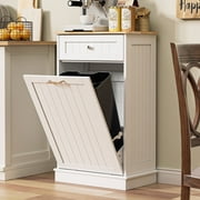 AHB Single Tilt Out Trash Cabinet 13 Gallon Waste Bins Hidden Trash Bin w/ Hiddles for Kitchen, White, Light Brown Top