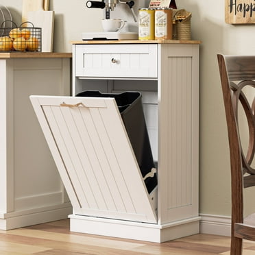 AHB Single Tilt Out Trash Cabinet 13 Gallon Waste Bins Hidden Trash Bin w/ Hiddles for Kitchen, White, Light Brown Top