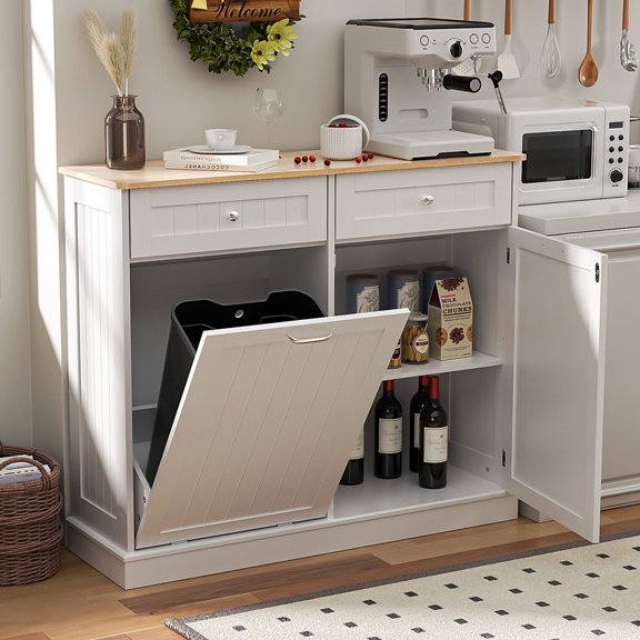 AHB Single Tilt Out Trash Cabinet 13 Gallon Waste Bins Hidden Trash Bin w/ Hiddles for Kitchen, White