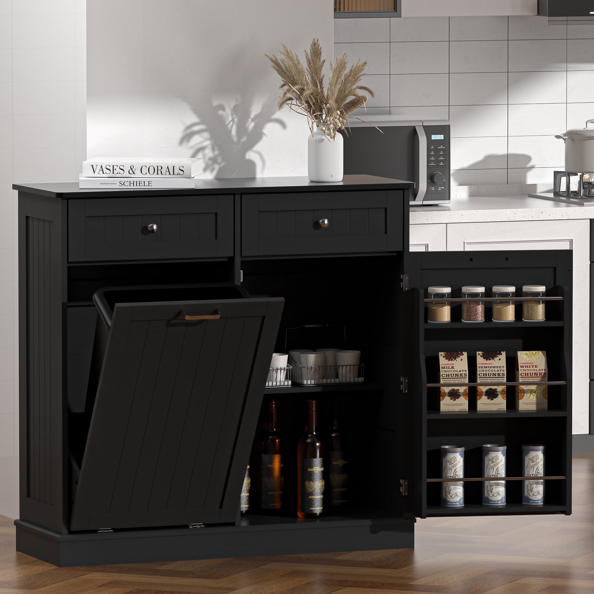 HARIPUL Single Tilt Out Trash Cabinet 13 Gallon Waste Bins Hidden Trash Bin w/ Shelf for Kitchen, Black