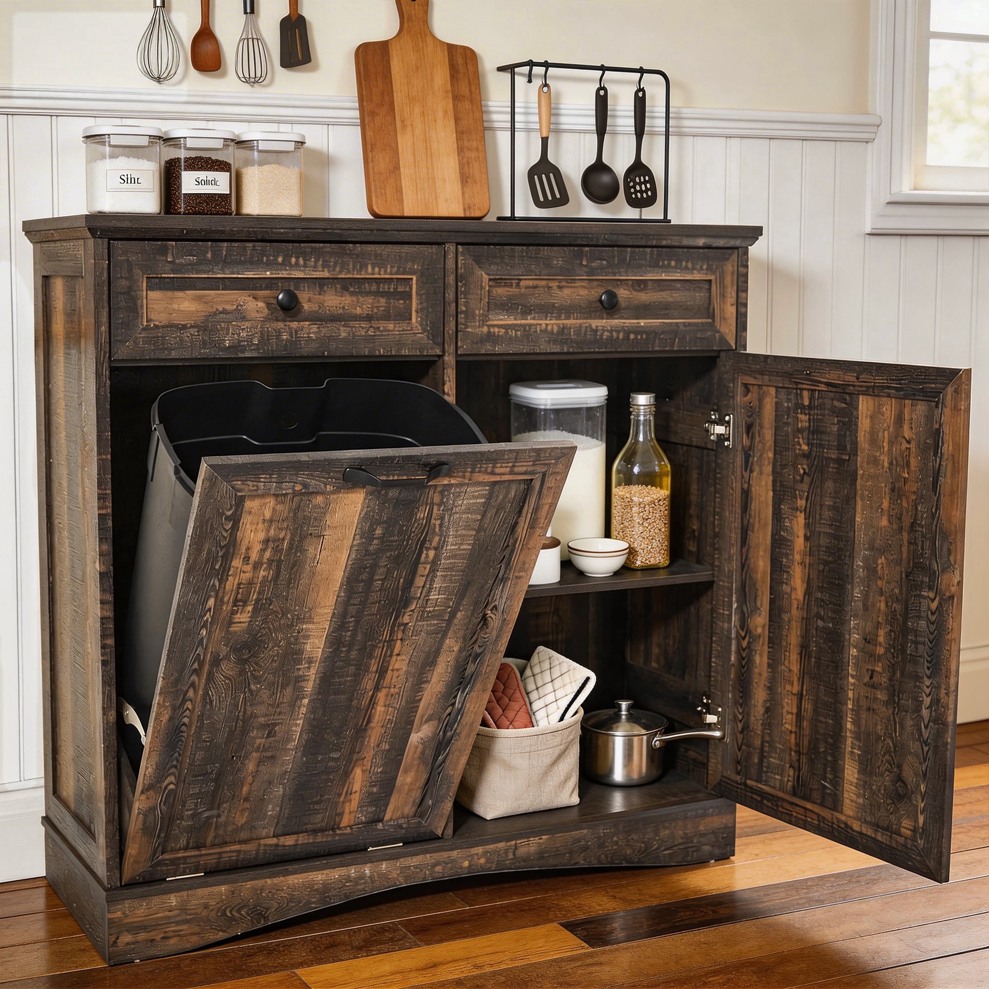 AHB 13 Gallon Single Tilt Out Trash Cabinet with Shelf, Kitchen Trash Can Storage Organizer, 39.4"L x 14"W x 38.3"H, Black