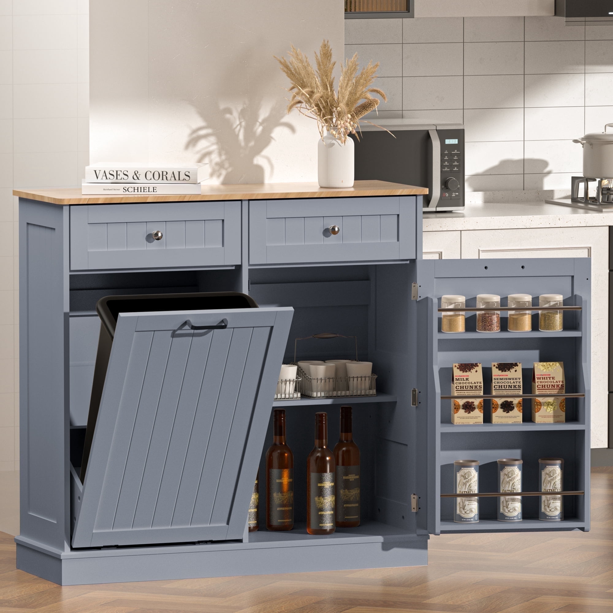 HARIPUL Single Tilt Out Trash Cabinet 13 Gallon Waste Bins Hidden Trash Bin w/ Shelf for Kitchen, Blue