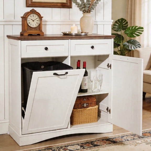 AHB 13 Gallon Single Tilt Out Trash Cabinet with Shelf, Kitchen Trash Can Storage Organizer, 39.4"L x 14"W x 38.3"H, White