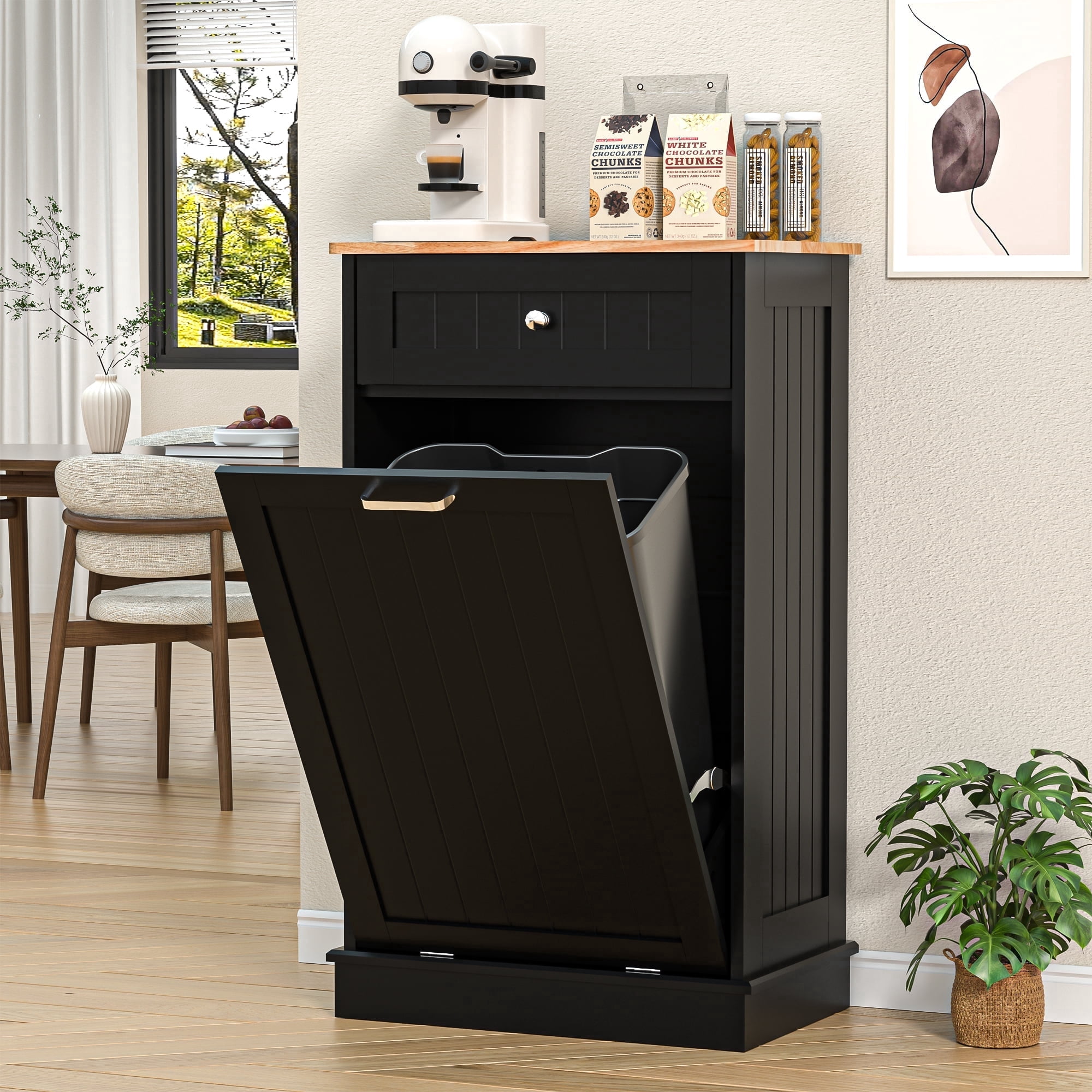 AHB 13 Gallon Single Tilt Out Trash Cabinet with Drawer, Freestanding Kitchen Trash Can Storage Organizer, 20.9"L x 13.55"W x 38.5"H, Black