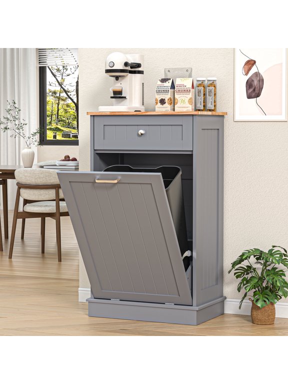 13 Gallon Single Tilt Out Trash Cabinet with Drawer, Freestanding Kitchen Trash Can Storage Organizer, 20.9"L x 13.55"W x 38.5"H, Gray