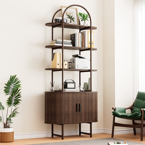 AHB Solid Wood 5-Tier Ladder Bookshelf with Storage Cabinets, Modern Display Shelf for Home, Office or Living Room, Space-Saving Wooden Corner Bookcase, Coffee