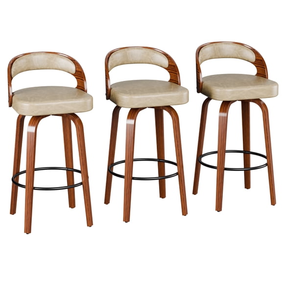 AHB Swivel Bar Stools 26" Counter Height Set of 3, Faux Leather Barstools with Back and Arms, Walnut Bentwood Frame Kitchen Island Chairs for Home Bar, PU Leather Upholstered