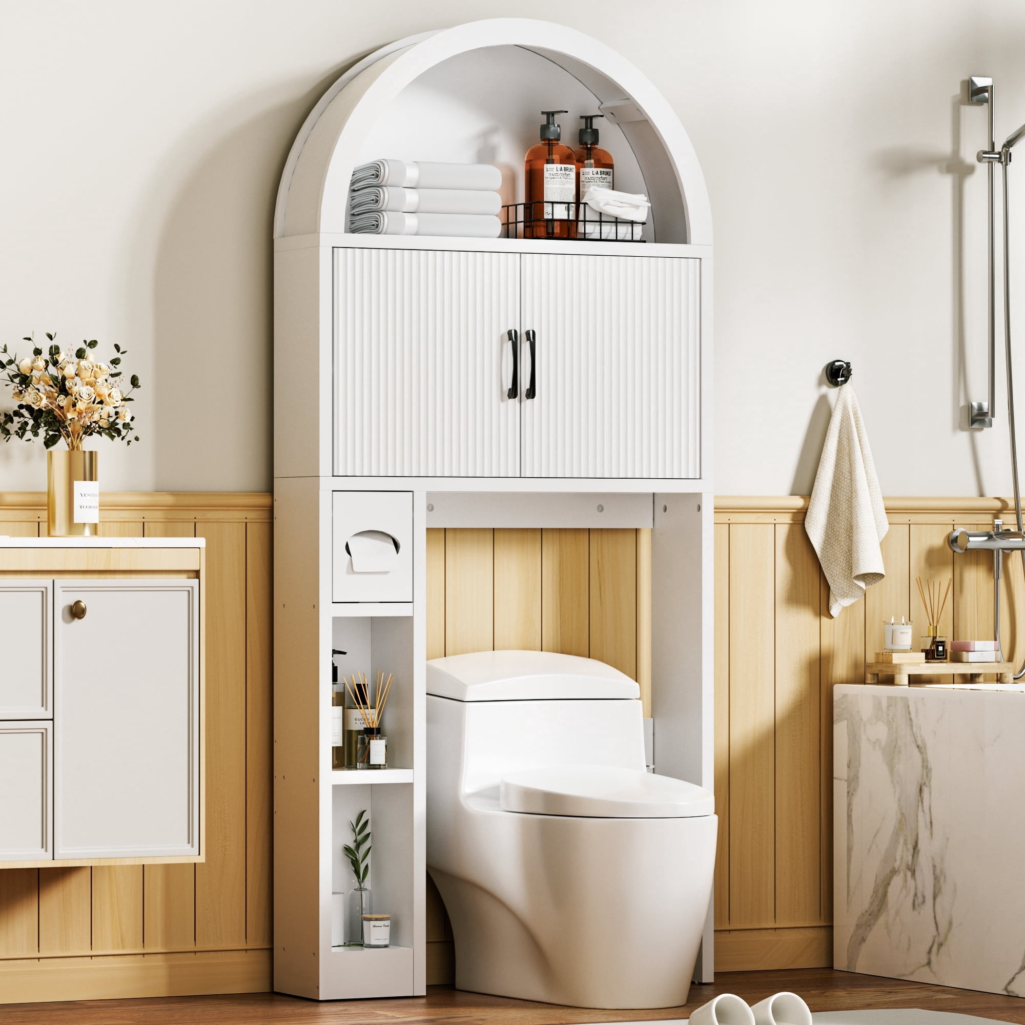 AHB Over Toilet Storage Cabinet with Arc Design, Freestanding Bathroom Organizer with Doors, 7.7"D x 30.5"W x 67.7"H, White