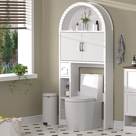 AHB Over The Toilet Storage Cabinet w/ Unique Wood Grain & Arc Design, Freestanding Bathroom Shelf Organizer Space Saver w/ Doors & Anti-Tip Device, White