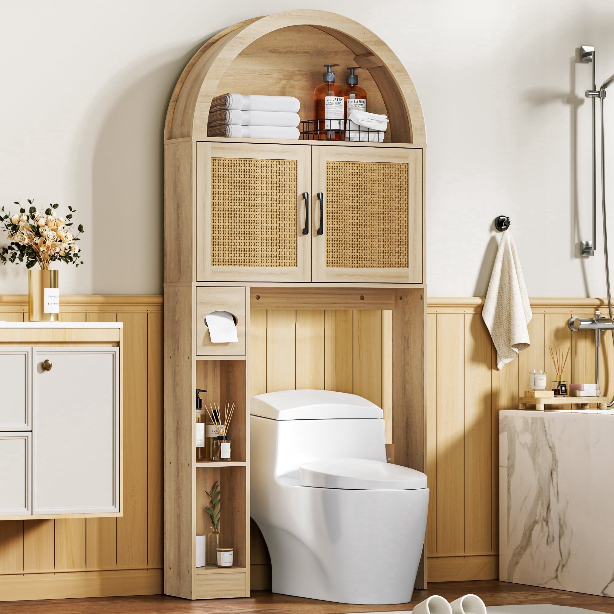AHB Over Toilet Storage Cabinet with Arc Design, Freestanding Bathroom Organizer with Doors, 7.7"D x 30.5"W x 67.7"H, Wood Color