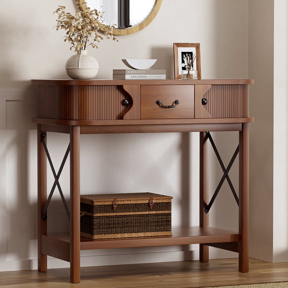 AHB 39.4" Walnut Wood Console Table, Narrow Entryway Table with 3 Drawers and 2-Tier Storage Shelves, Sofa Table for Hallway, Living Room and Bedroom, Walnut