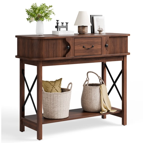AHB Wood Console Table with 3 Drawers and 2-Tier Storage Shelves, 39.4" Narrow Entryway Table for Small Spaces, Walnut Sofa Table for Hallway Living Room, Rustic Farmhouse Style Walnut