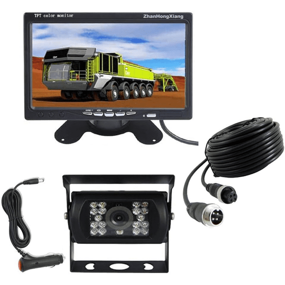 AHD 1080P Vehicle Backup Camera with Monitor Kit,18LED IR Night Vision 4 Pin Reverse Rear View Mirror Camera + 7" Car LCD Monitor Parking System 12V-24V with 49ft Cable for Long Bus Truck Trailer RV