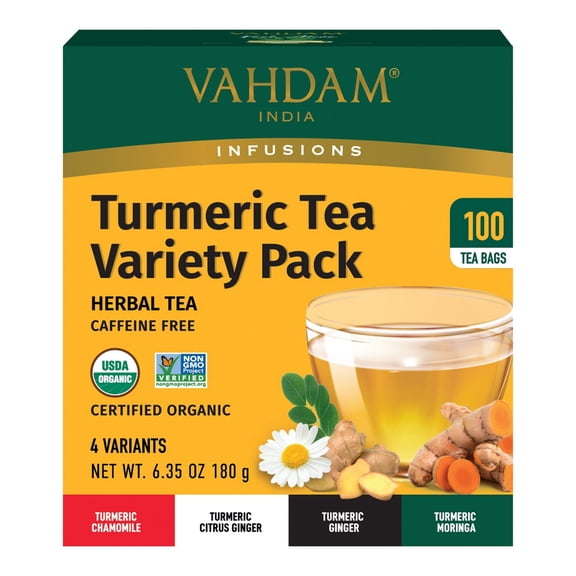 AHDAM Organic Turmeric Tea Variety Pack, Caffeine Free Herbal Tea, 4 Flavors, 100 Tea Bags, 6.35 oz