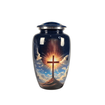 AHG Cremation Urn for Human Ashes - Large Adult Urns for Ashes - Funeral Urn for Men & Women - Cross-Memorial Urn for Loved Ones - Burial Urn for Home - Blue