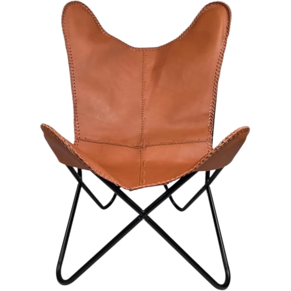 Cresta Modern Tan Leather Butterfly Chair – Black Iron Frame Sling Accent Chair (BKF Chair)
