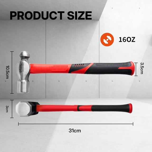 AHGLOP-16 oz Ball Peen Hammer, Dual-Head High Carbon Steel Hammer with Fiberglass Handle, Non-Slip Grip for Metalworking, Automotive Repair, Riveting, Shaping Metal, DIY & Home Workshop