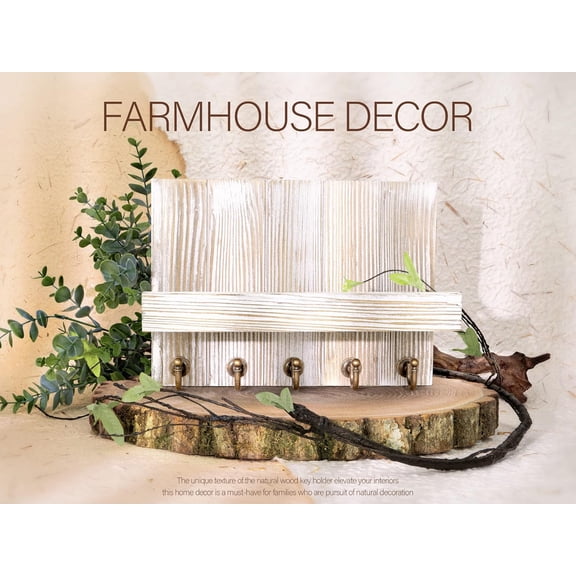 AHGLOP-Farmhouse Key Holder for Wall - Mail Organizer & Key Hanger for Wall - 5 Sturdy Key Hooks with Small Floating Shelf for Rustic Apartment Essentials (Natural Wood, 3.54"D x 10"W x 7.28"H)
