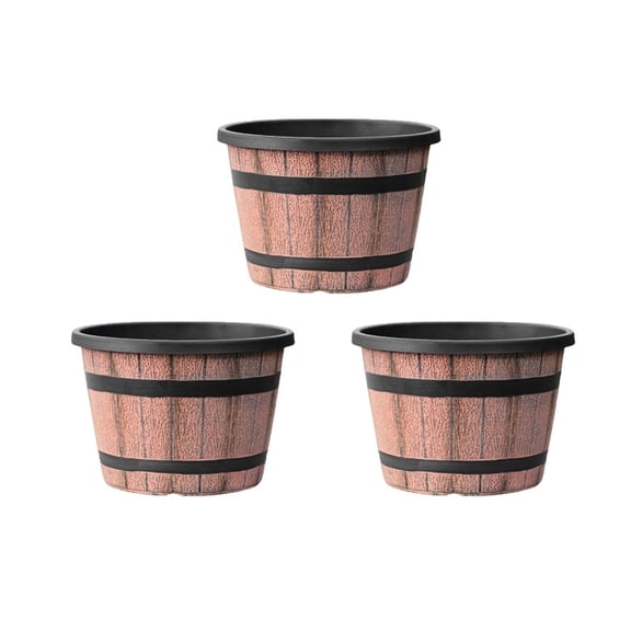 AHGQT 3 Pcs Plant Pots, 8 Inch Whiskey Barrel Planters with Drainage Holes & Saucer, Plastic Decoration Flower Pots Imitation Wine Barrel Design for Indoor Outdoor Garden Home Plants (Brown)