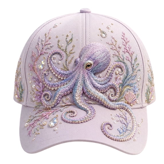 AHGQT Ocean Creatures Print Cap, Adjustable Cotton Baseball Cap, Raised Embroidered Sea Animal Hat for Beach Travel, Octopus
