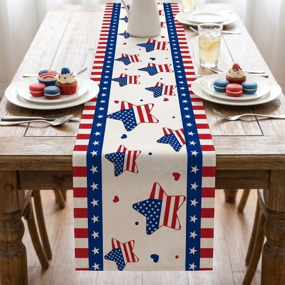 AHGQT 4th of July Patriotic Table Runner, Independence Day Dresser Scarves, Red White Blue American USA Flag Table Runners, Stripes Stars Table Setting Decor for Memorial Day Home Kitchen Dinner