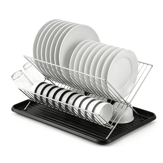 AHGQT Foldable Dish Drying Rack with Drip Tray, Stainless Steel 2 Tier Collapsible Dish Drainer Rack, Folding Dish Drainer for Kitchen Sink, Countertop, Cutlery, Plates, Dishes, Silver